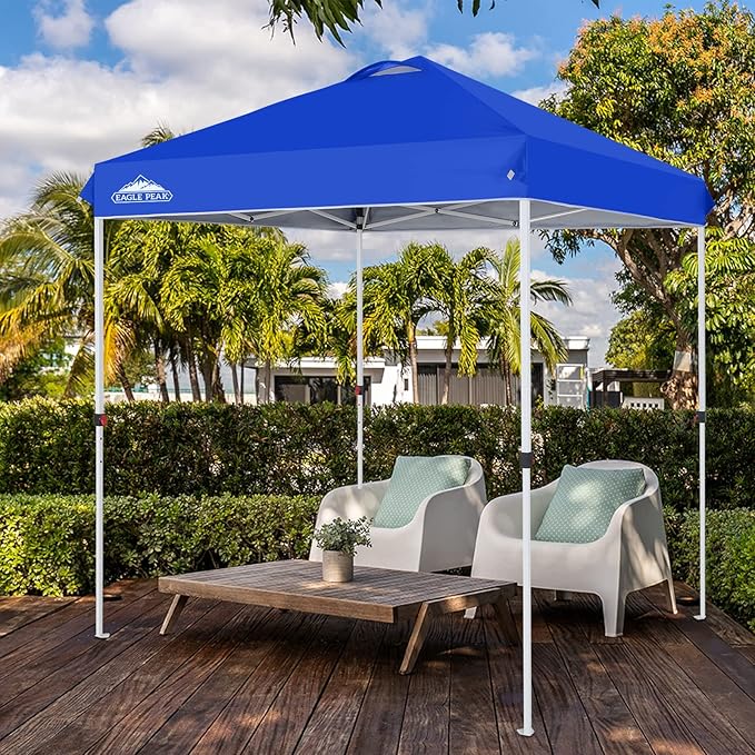 EAGLE PEAK Pop Up Canopy Tent with Wheeled Carry Bag, 8 Stakes, 4 Ropes, Easy Set Up Tent Canopy, 6.6x6.6 ft, Blue