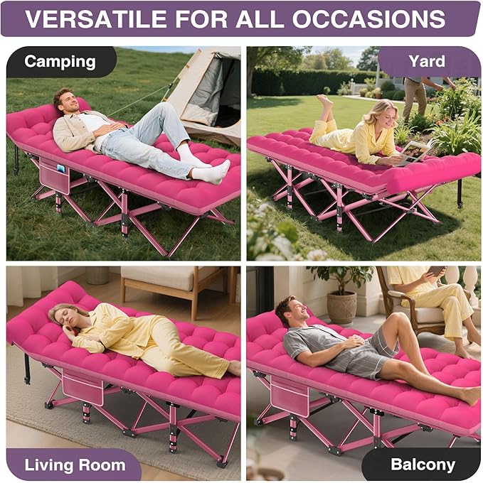 ZENPETIO Camping Cot for Adults - Heavy-Duty Cot Bed with Mattress, Portable Sleeping Cots for Outdoor Indoor, 1200D Oxford Folding Cots for Home Travel, Max Load 500LBS, Fits People up to 6'3", Pink