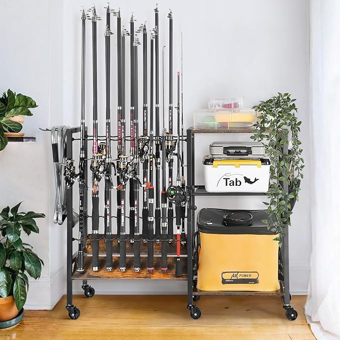 Olakee Fishing Rod Holder, Fishing Pole Holders for Garage Boat Home Entryway Fishing Gear Storage with Tackle Cart Ideal Gift for Men Dad Anglers Corner Design for Rods and Equipment Organizers