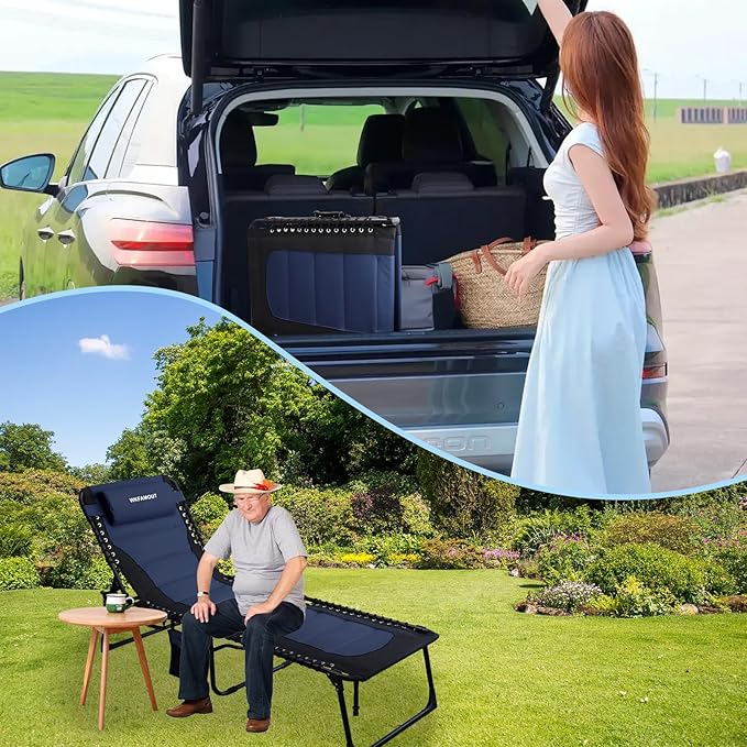 Outdoor Folding Lounge Chair Padded for Adults 264Ibs Patio Chaise Lounge Chair for Outside Adjustable 5-Position Reclining Beach Chair with Pillow Pocket