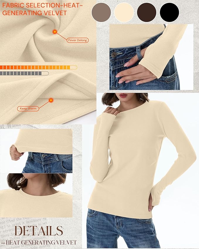 Neer 4 Pack Women's Fleece Thermal Long Sleeve Shirts, Thumb Holes Crew Neck Slim Fit Tops Warm Workout Basic Undershirt