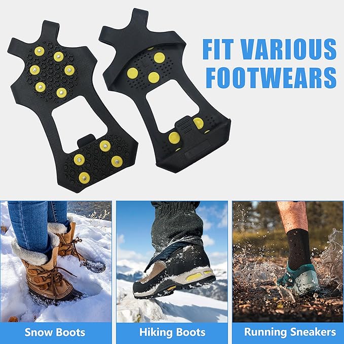 Ice Cleats for Shoes and Boots Ice Snow Grippers Anti-Slip Crampons 10 Studs Traction Cleat for Women Men Kids Hiking Fishing Walking Running Jogging