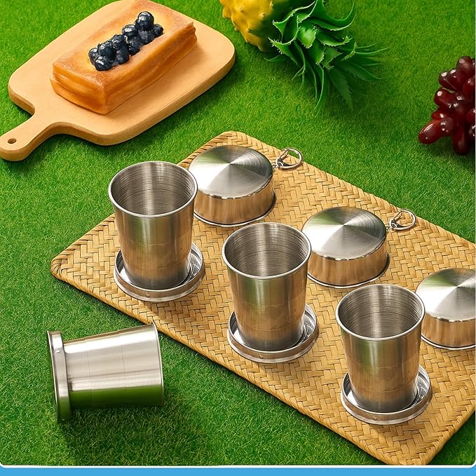 Tessco for you 6 Pieces Collapsible Shot Glasses Stainless Steel Collapsible Cup Reusable Portable Travel Folding Cup with Lid and Keychain for Camping Hiking Cycling (8.5 oz)