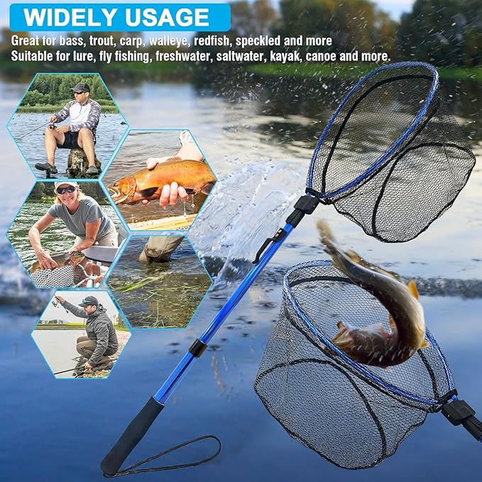 LBW Collapsible Fishing Net with Handle, Folding Kayak Net for Freshwater or Saltwater, Trout Catfish Bass Compact Rubber Landing Net