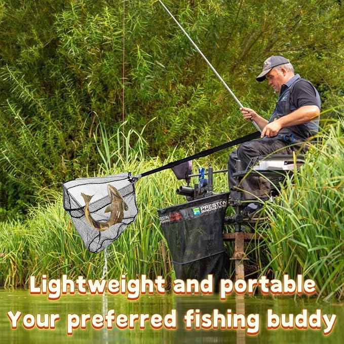 Folding Kayak Fishing Net with Aluminum Alloy Frame Rubber-Coated Nylon Net for Small Fishing Net Fishing Landing Net for Non-Slip Gloves Storage Bag