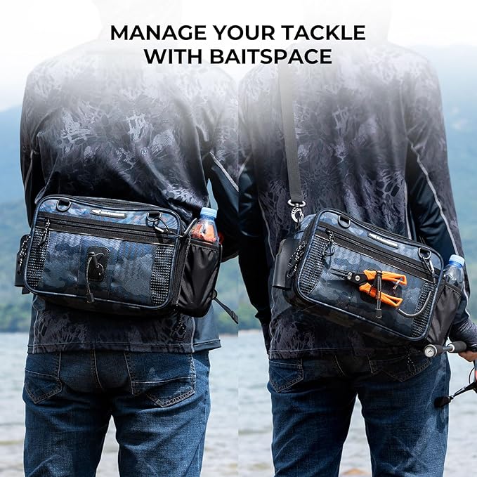 KastKing BaitSpace Waist Bag – Waterproof Tackle Storage Bag With Adjustable Belt, Fishing Fanny Pack for Men, Soft Bait Organizer, 3600 Utility Box, Rod Holder, Nylon