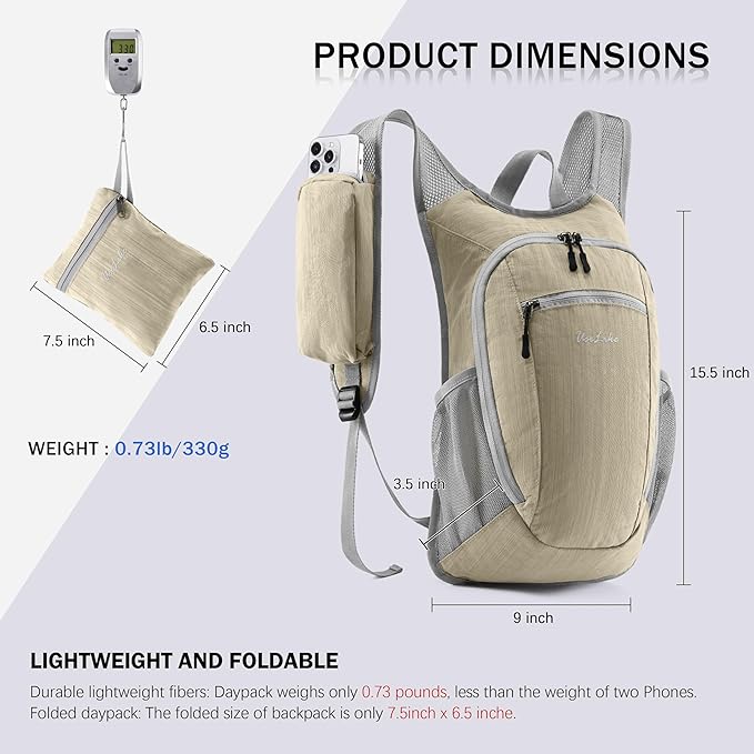 10L Small Hiking Backpack Travel Daypack Lightweight Packable Back Pack for Women Men(Beige)