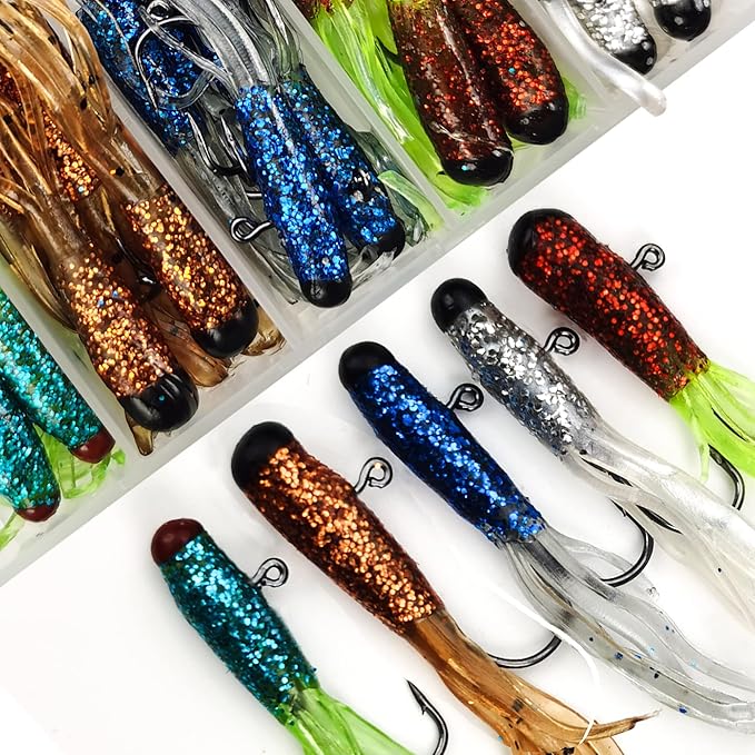 Crappie Lures Tube Lures Jigs Heads Worms Swimbaits Kit, 165, 124, 50 Pcs Pre-Rigged Crappie Jigs Tube Hooks Soft Plastic Grub Worms Baits for Bass Trout Freshwater Saltwater Fishing