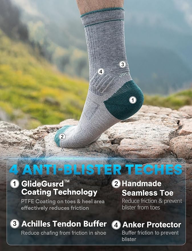 Merino Wool seamlsee Hiking Socks Moisture Wicking Anti-Blister Breathable Cushioned Compression Mens