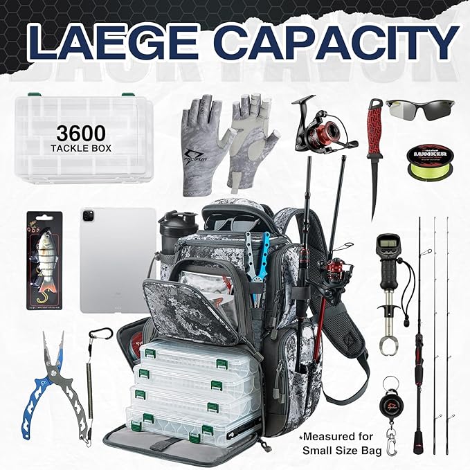 Piscifun Fishing Backpack with 2 Rod Holders & 4 Tackle Boxes, Large Tackle Storage Bag With Rain Cover for Fishing Gear