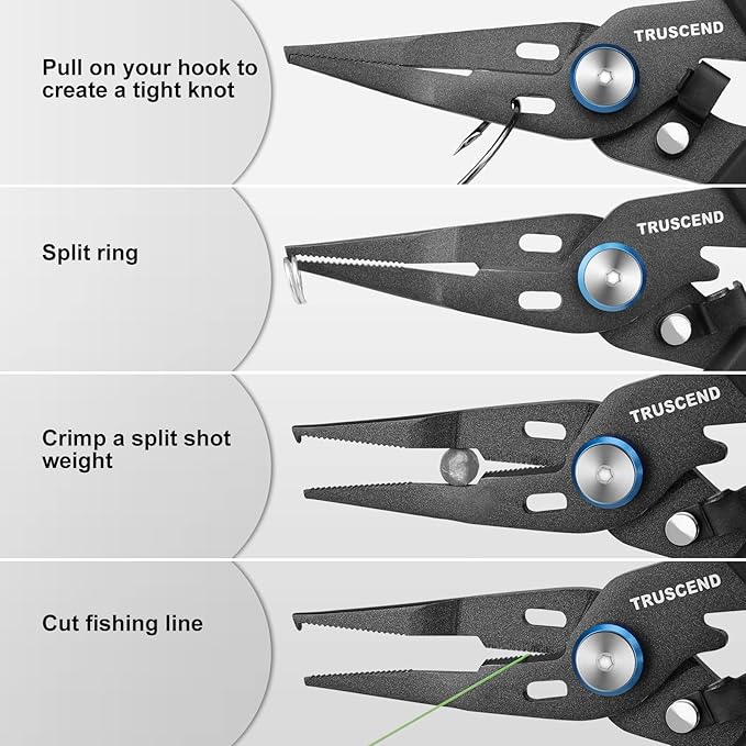 TRUSCEND Lockable Handy Fishing Pliers with Innovative Ergonomic Handle, Saltwater Corrosion Resistant Teflon Coated Fishing Tool, Multi-Function Fishing Gear with Mo-V Cutter