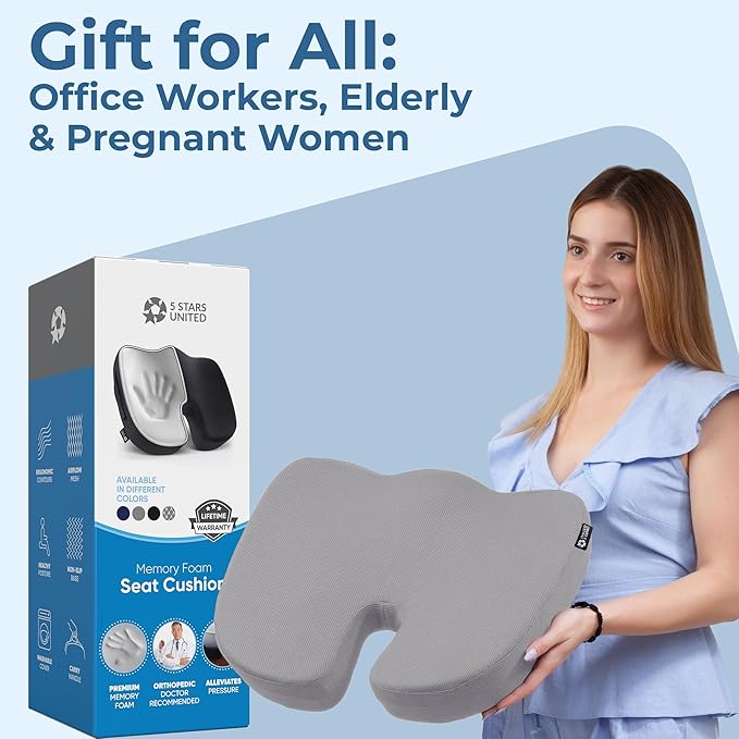 5 STARS UNITED Seat Cushion for Tailbone Pain Relief โ Large Memory Foam Cushion for Coccyx, Hip, Sciatica & Post-Surgery Recovery โ Wheelchair, Car, Desk, Gaming & Office Chairs, Light Gray