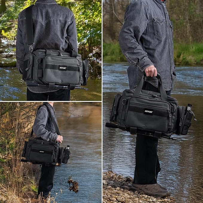 Goture Fishing Tackle Bag,Store Up to 4PCS 3700 Tackle Boxes(Not Included),600D Soft Side Water-Resistant Saltwater Gear Storage Fishing Bag with Rod Strap,Detachable Water Bottle Pouch,Gifts for Men