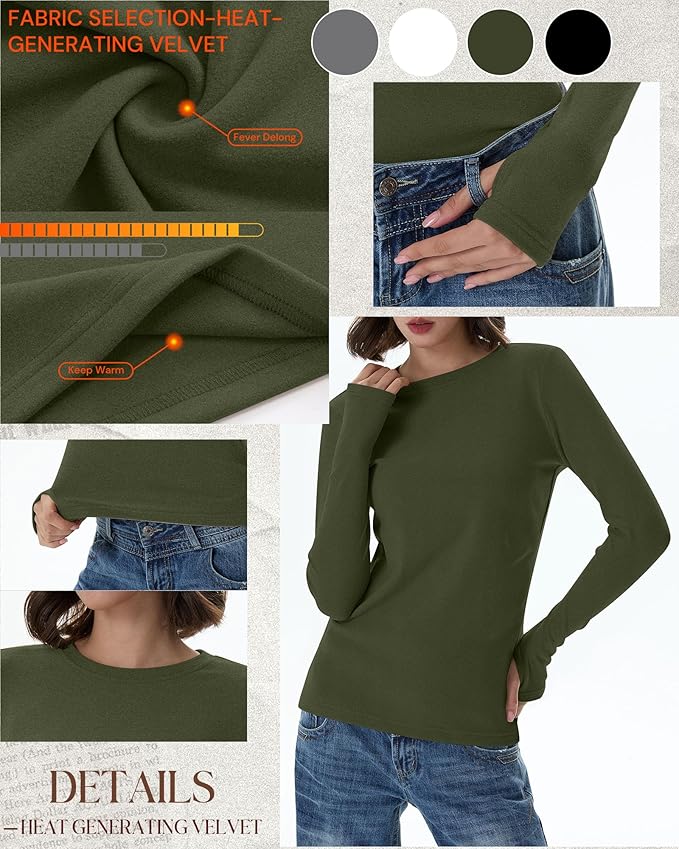 Neer 4 Pack Women's Fleece Thermal Long Sleeve Shirts, Thumb Holes Crew Neck Slim Fit Tops Warm Workout Basic Undershirt