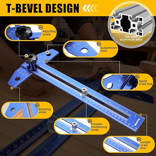 Woodworking Scriber Marking Line Ruler with Carpenter Pencil & Metal Ruler, Adjustable Aluminum Alloy Sliding T-Square Ruler, Measuring Angle Finder with Adjustment Scale,Drawing Aid Rule tool