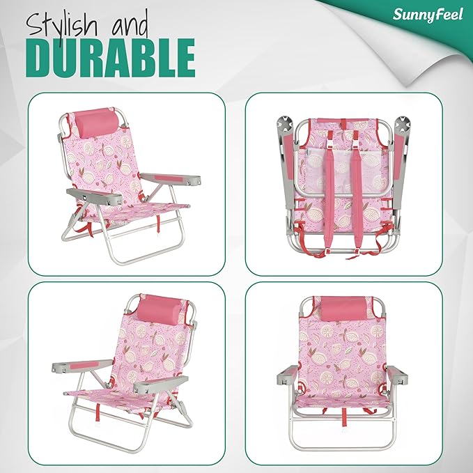 SUNNYFEEL Extra Wide Low Beach Chair 2 Pack 5 Position Lay, XL Oversized Portable Folding Camping Chairs with Cup Holder for Outdoor/Sand, Foldable Backpack Beach Chair for Adults Heavy Duty 500 LBS