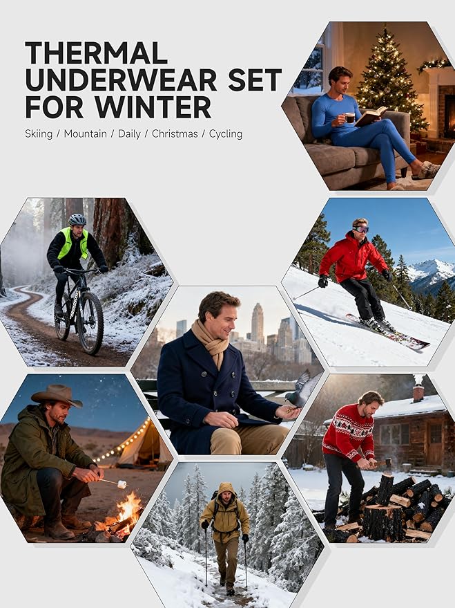 VZV Thermal Underwear for Men Fleece Lined Long Johns for Mens Thermals Top and Bottom Set Soft Base Layer for Winter