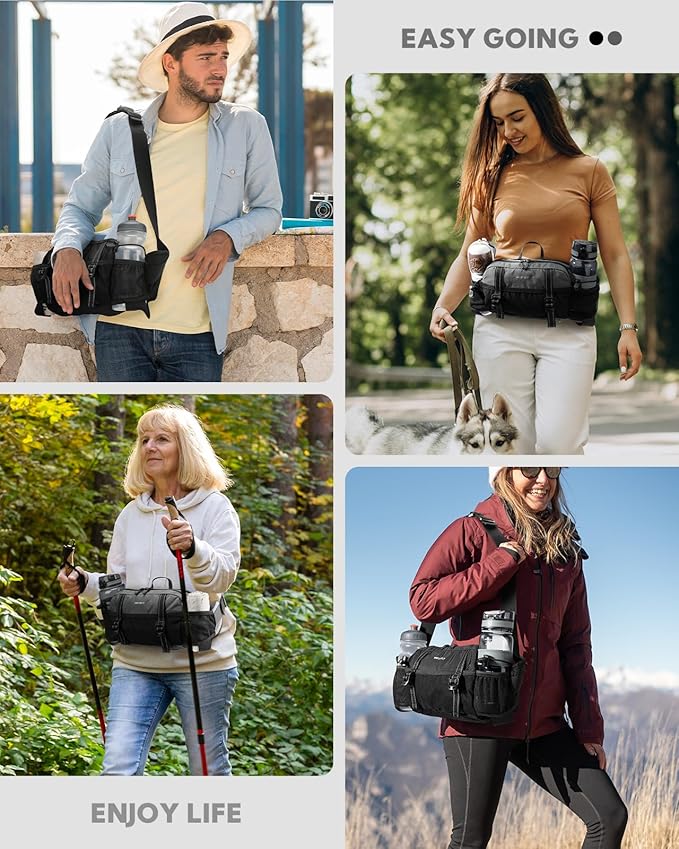 WATERFLY Large Hiking Fanny Pack: 3L Waist Bag with 2 Bottle Holders for Women Men - 9 Pockets & Adjustable Belt Lumbar Hip Packs for Travel Running Cycling Camping Workout (Bottles Not Included)