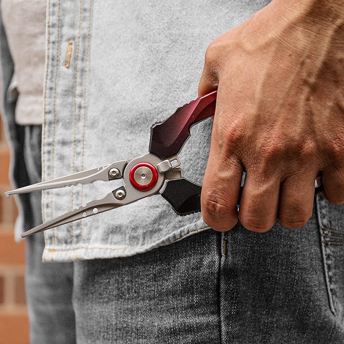 TRUSCEND Lockable Handy Fishing Pliers with Innovative Ergonomic Handle, Saltwater Corrosion Resistant Teflon Coated Fishing Tool, Multi-Function Fishing Gear with Mo-V Cutter