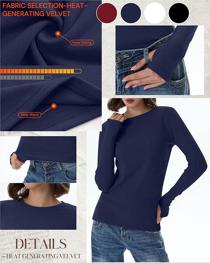 Neer 4 Pack Women's Fleece Thermal Long Sleeve Shirts, Thumb Holes Crew Neck Slim Fit Tops Warm Workout Basic Undershirt