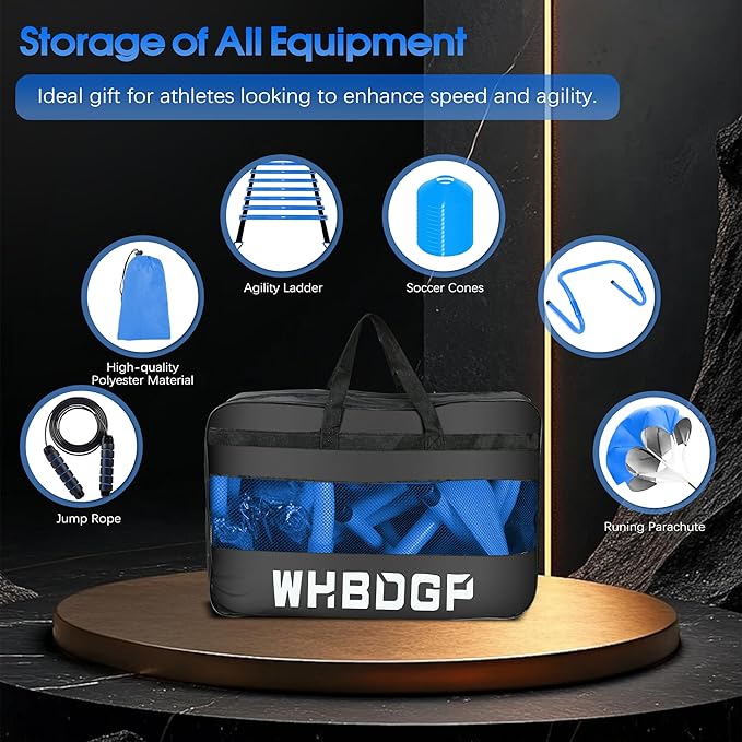 Agility Ladder Speed Training Equipment Set-20ft Agility Ladder,12 Soccer Cones,4 Hurdles,Jump Rope,Running Resistance,Soccer Football Training Equipment with Carrying Bag for Kids Adults