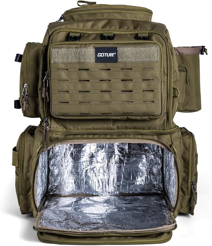 Goture Fishing Backpack, 53L 600D Water-Resistant Insulated Tackle Backpack with Cooler, Rod Holders, 8 Lure Pockets, Rain Cover, Gear Storage Large Fishing Bag for Camping Hiking(Without Tackle Box)