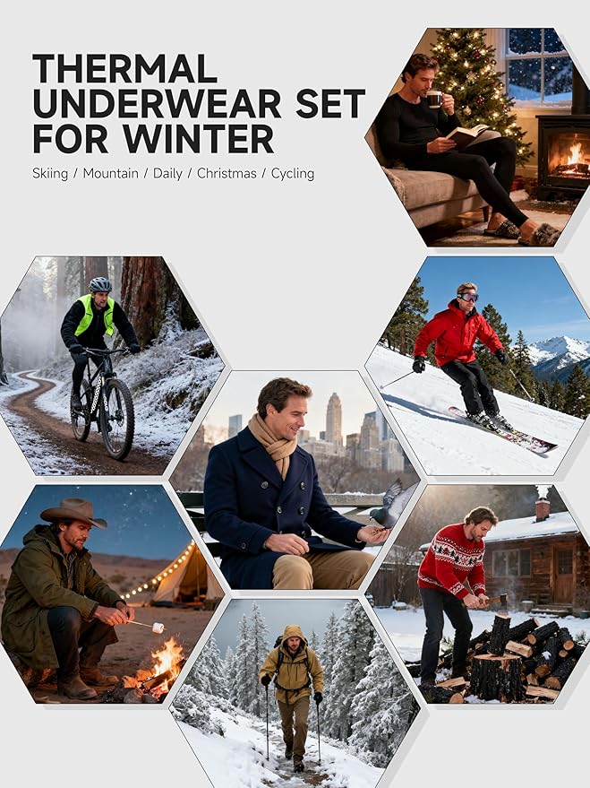 VZV Thermal Underwear for Men Fleece Lined Long Johns for Mens Thermals Top and Bottom Set Soft Base Layer for Winter