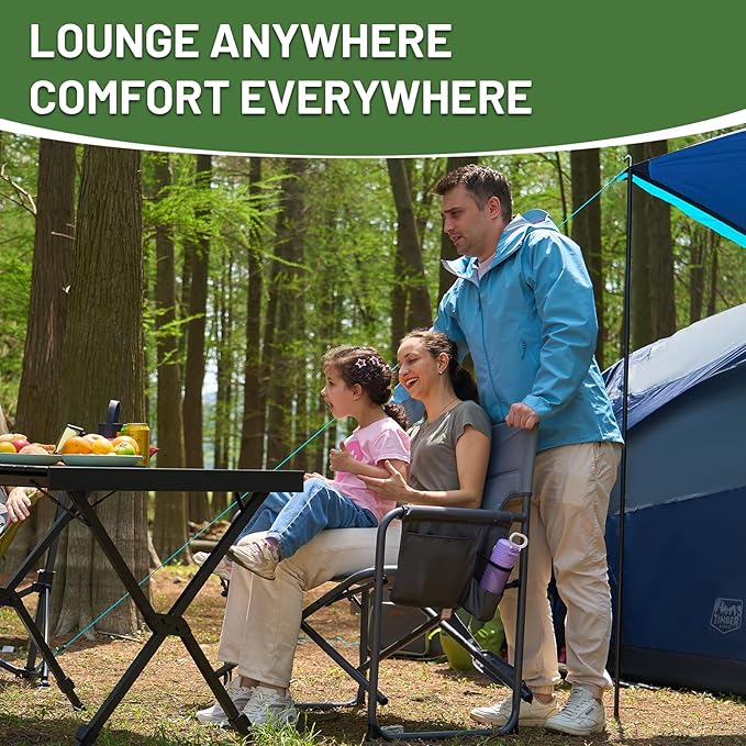 Timber Ridge XXL Foldable Directors Chair with Side Table, Extra Wide Camping Chairs for Adults Heavy Duty Supports 500 lbs, Oversized Folding Lawn Chair for Picnic Beach Sports Fishing, Grey