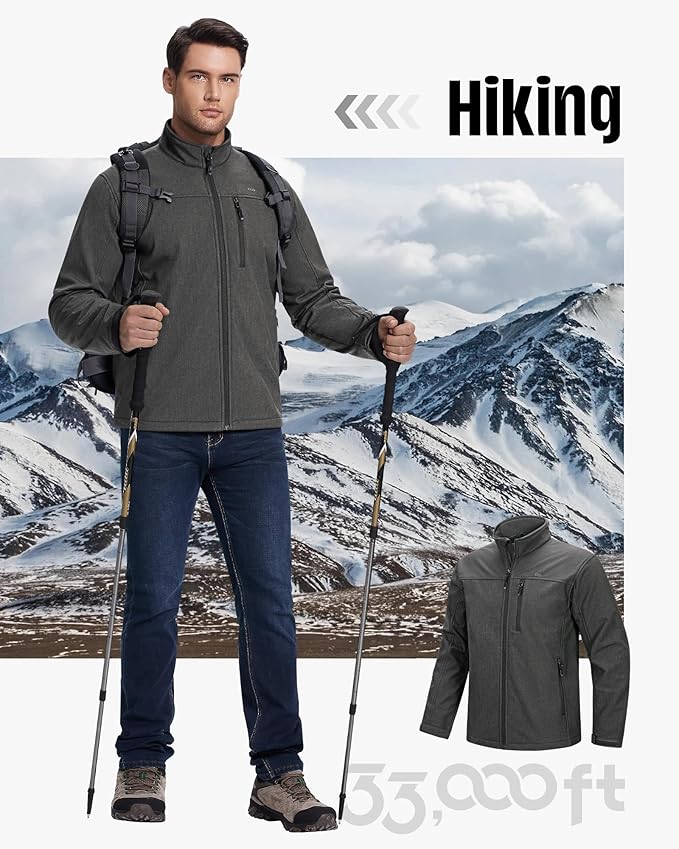 33,000ft Men's Waterproof Softshell Jacket Warm Fleece Lined Windbreaker Lightweight Soft Shell for Travel Hiking Golf