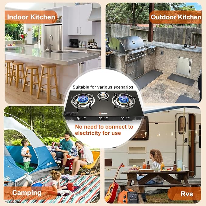 Propane Stove 3 Burner Gas Stove, 34000 BTU High-Efficiency Auto Ignition Tempered Glass LPG Cooktop with CSA Regulator and Hose โ for Outdoor Camping, RV, and Emergency Cooking