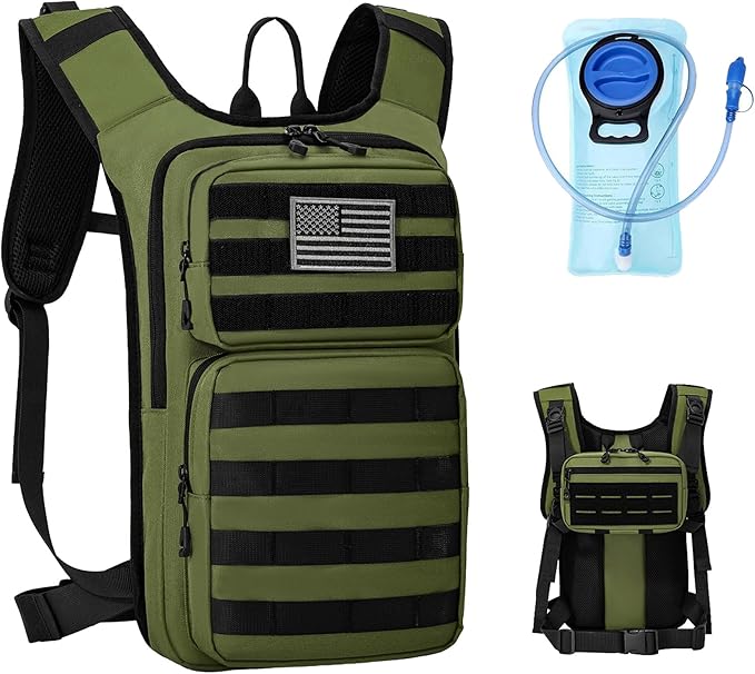 Tactical Hydration Backpack with 2L Water Bladder and Front Small Tactical Pouch, Outdoor Water Backpack for Men Women, Sports Hydration Pack for Hiking, Cycling, Climbing