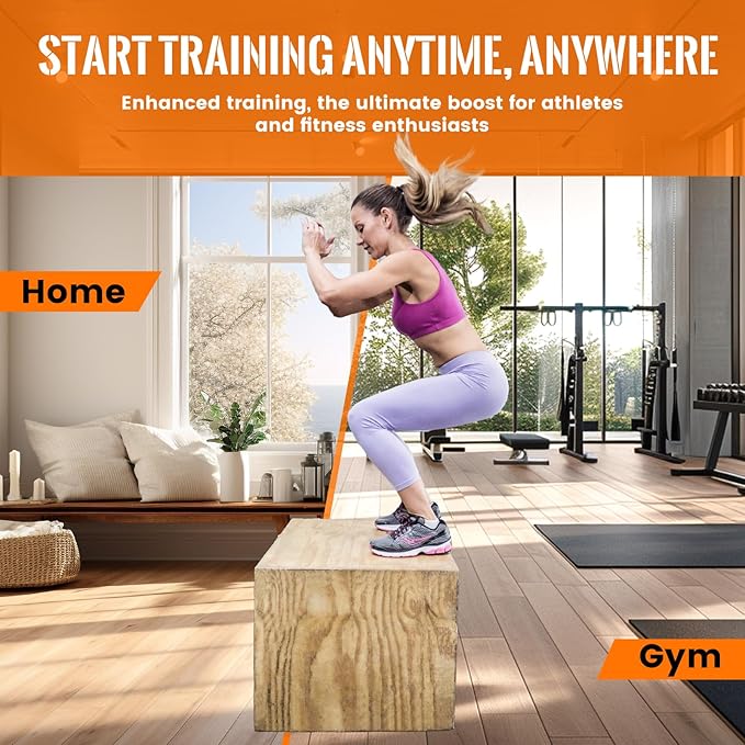 CAELUM 3-in-1 Wood Plyo Box - Non-Slip Plyometric Jump Box for Home & Gym, 400lbs Bearing Fitness Launch Box for Jumping Squats Step-ups Strength Training