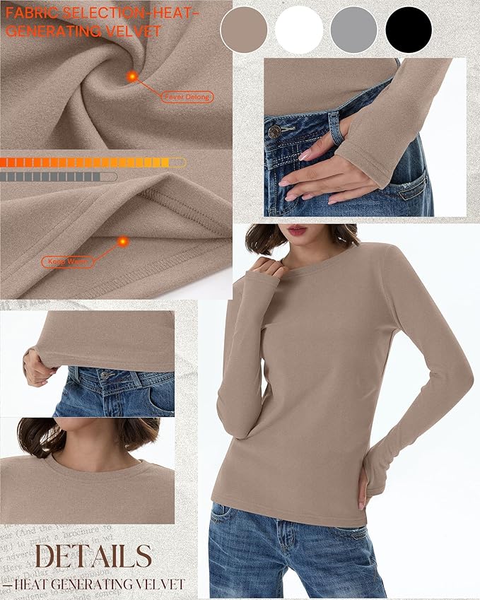 Neer 4 Pack Women's Fleece Thermal Long Sleeve Shirts, Thumb Holes Crew Neck Slim Fit Tops Warm Workout Basic Undershirt