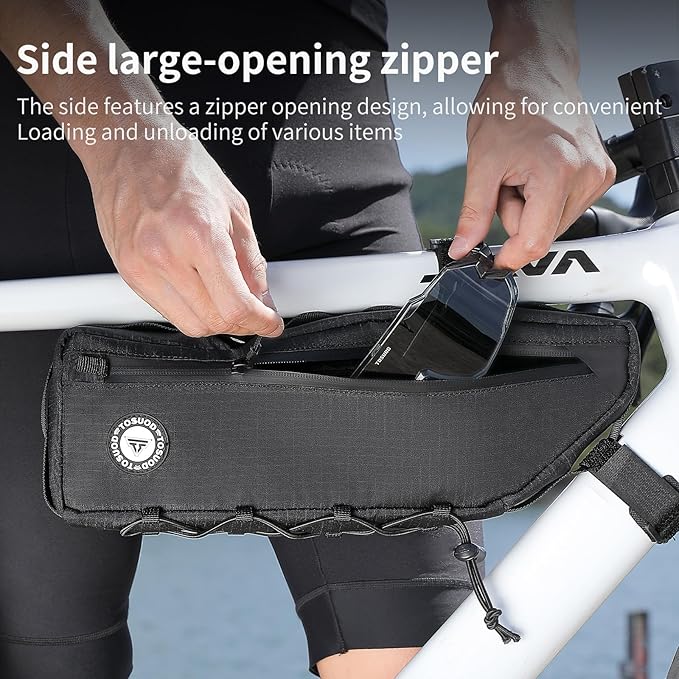 Bike Frame Bag 2L/3L – Waterproof 600D/Scratch-Proof, 7" Phone Fit, 4-Point & Multi-Position Anti-Sway Straps, Full-Side Zipper Quick Access, Tool-Free Install, Universal MTB/Road/Gravel/E-Bike