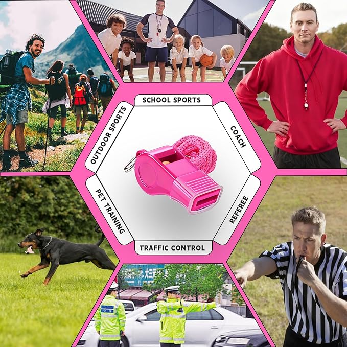 Pink Whistles with Mouthpiece, 2 Pack Plastic Sports Emergency Whistles with Lanyard – Loud Crisp Sound for Coaches, Lifeguards, Teachers, Dog Training and Outdoor Safety