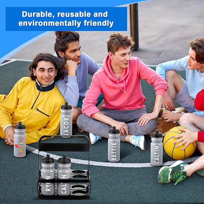 Suclain 14 Pcs Water Bottle Carrier with 20 Oz Bottles and Stickers Plastic Wide Mouth Sports Water Bottle Squeeze Team Bottles with Black Lid for Fitness Bike Gym (Grey)