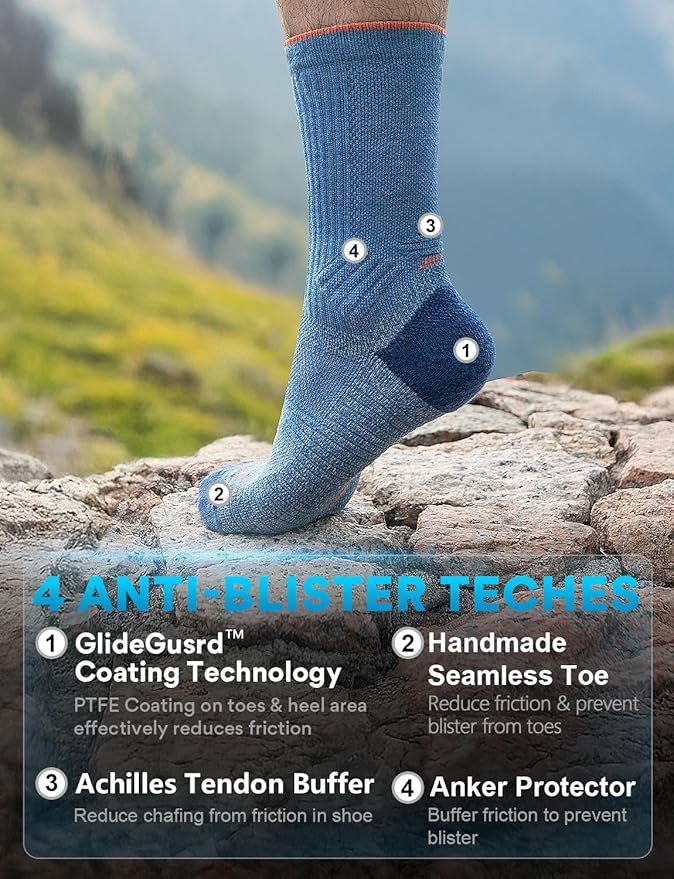Merino Wool seamlsee Hiking Socks Moisture Wicking Anti-Blister Breathable Cushioned Compression Mens
