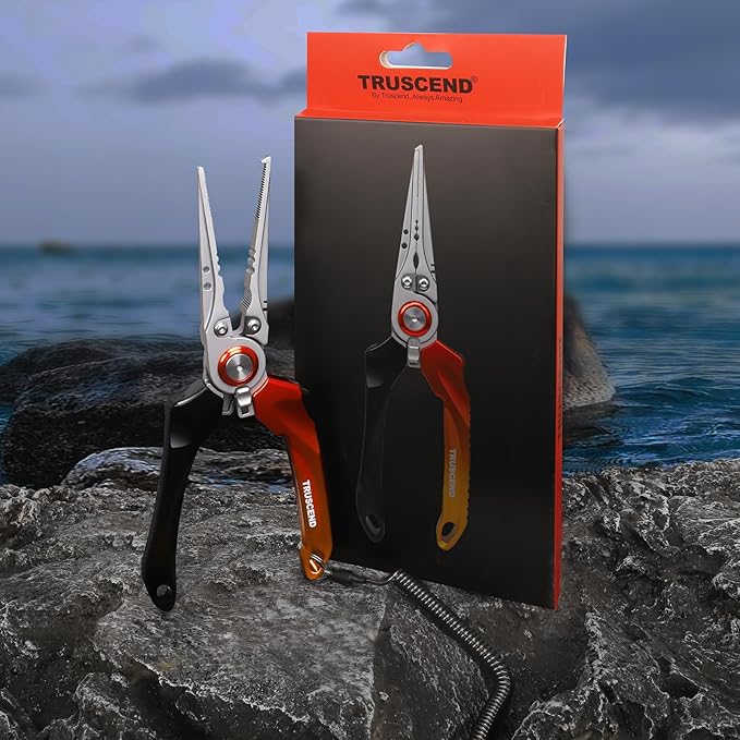 TRUSCEND Lockable Handy Fishing Pliers with Innovative Ergonomic Handle, Saltwater Corrosion Resistant Teflon Coated Fishing Tool, Multi-Function Fishing Gear with Mo-V Cutter