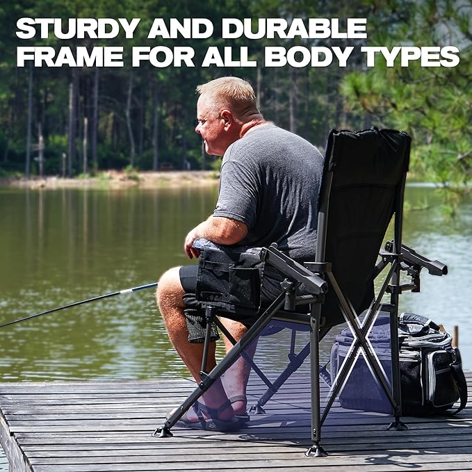 X Strike Oversized Folding Fishing Chair with Rod Holder Heavy Duty 350LBS, Feet Adjustable Padded Camping Chair with Cup Holder Side Pocket Hard Armrest