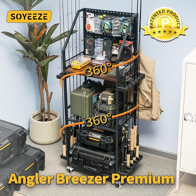SOYEEZE Fishing Rod Holders for Garage with Pegboard and Lockable Wheels, 3-Tier Fishing Pole Rack with 10 Hooks, Fishing Gear Tackle Box Organizer Up to 12 Rods, Rolling Fishing Storage Cart