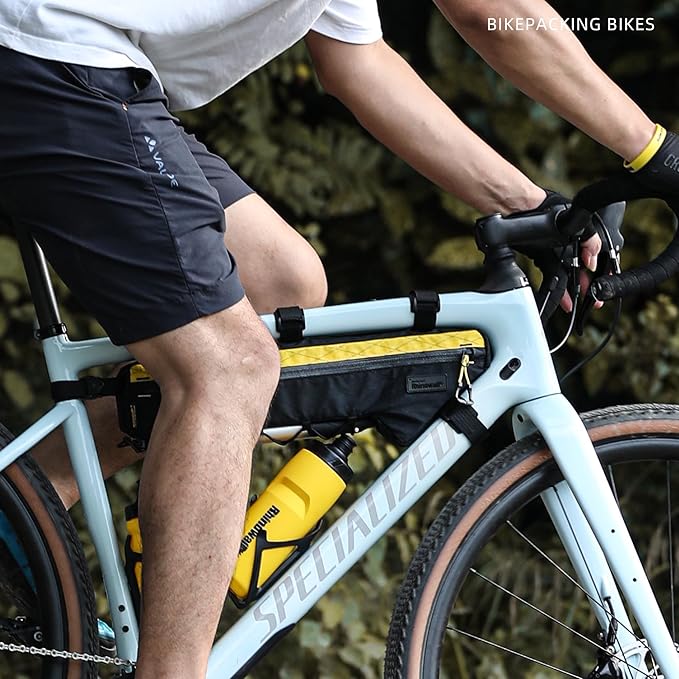 Rhinowalk BHD0017 Bike Frame Triangle Bag 2.4L, Waterproof Tool Storage Bag with YKK Zippers, Pump Holder & Cable Port Slim Fit – Black+Yellow