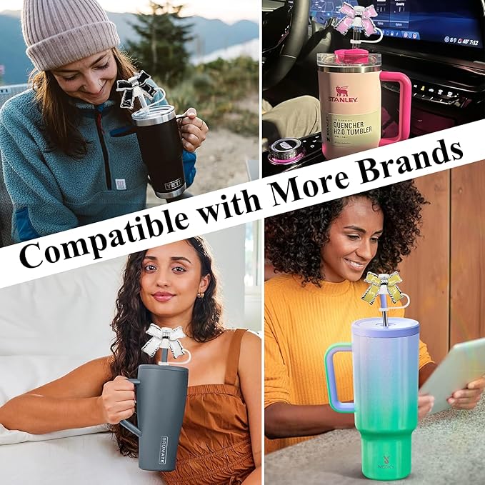 Epoxy Bow Straw Toppers for Stanley Cups -4PCs Cute Straw Cover Caps Silicone Stanley Cup Accessories Compatible with 12 20 30 40 Oz Tumblers in Pink Black White Yellow with Storage Case