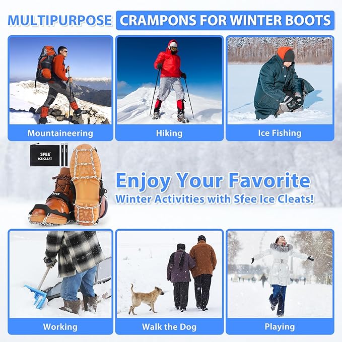 Sfee Crampons Ice Cleats for Shoes and Boots, Stainless Steel Chains Ice Grippers for Shoes and Boots Non Slip Gripper Spikes, Traction Cleats for Snow and Ice, Hiking, Walking, Climbing, Ice Fishing