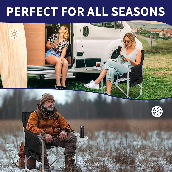 Slsy Heated Camping Chair Heats Back and Seat, Heated Portable Camp Chair with 3 Heat Levels, Heavy Duty Heated Director Chair for Lawn, Outdoor, Picnic, Lounge Patio