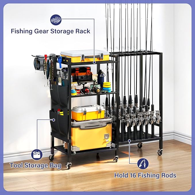 TC-HOMENY 16-Rod Fishing Rod Holder for Garage, Fishing Pole Rack Cart Fit All Fishing Rods, 3 Tier Fishing Tackle Storage Organizer Rack with Storage Bag, For Living Room