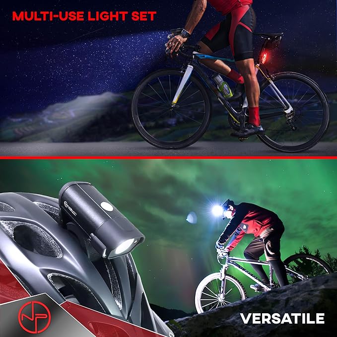 NP NIGHT PROVISION BX-300 USB Rechargeable LED Bike Light Set Front and Back Cycling Safety Lights Best Headlight with New DUO-120 USB Tail Light for Adults Kids Men Women