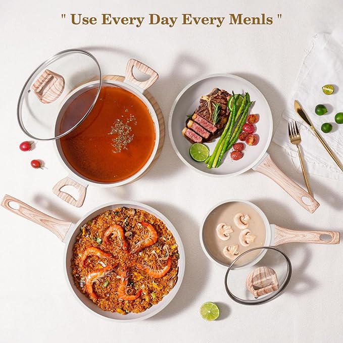 12 Pcs Pots and Pans Set, Nonstick Cookware Sets White Granite Induction Cookware, Non-toxic Healthy Non Stick Kitchen Cooking Set with Frying Pans Set, Saucepans,Steamer (PFAS, PFOA, PFOS Free)