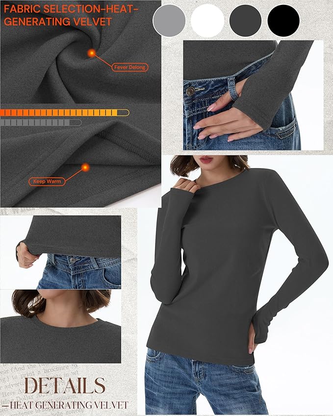 Neer 4 Pack Women's Fleece Thermal Long Sleeve Shirts, Thumb Holes Crew Neck Slim Fit Tops Warm Workout Basic Undershirt