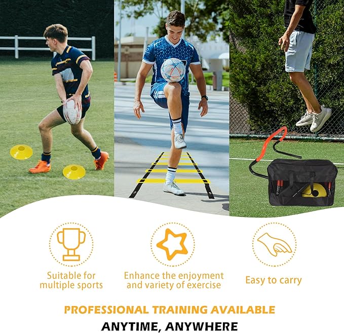 Soccer Training Equipment Set, Multifunctional Football Gear with 4 Adjustable Hurdles 9.8 feet 6 Rungs Agility Speed Ladder