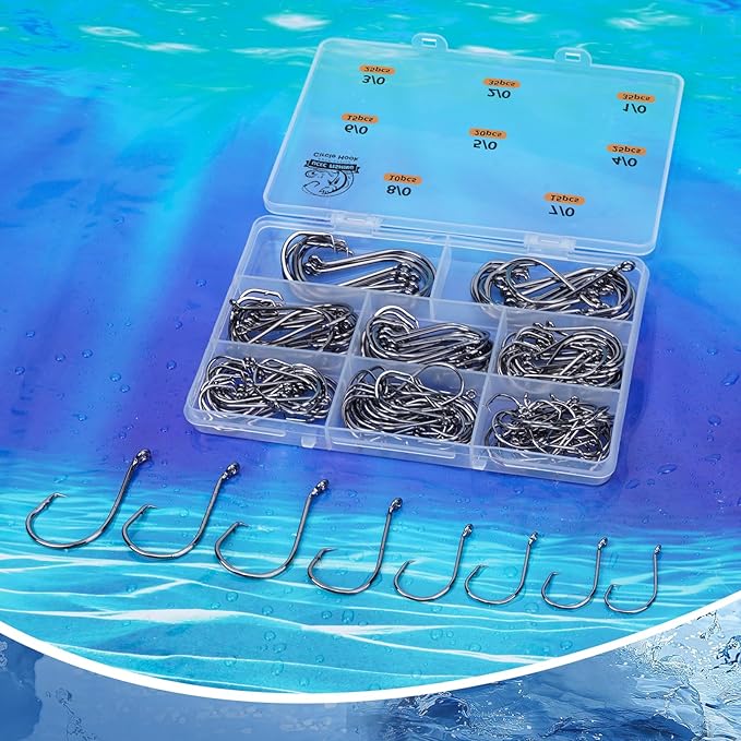 UCEC Circle Hooks Fishing Hooks 2X Strong Offset Circle Hooks Saltwater Black High Carbon Steel Octopus Catfish Fishing Hooks Fishing Gear Tackle 150pcs/ 240pcs - Size:#1 1/0 2/0 3/0 4/0 5/0 6/0 8/0